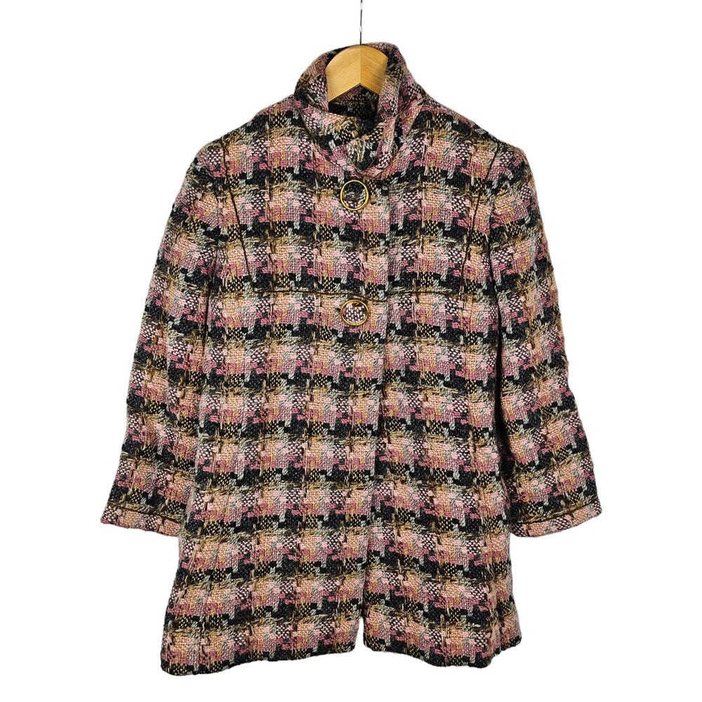 Vintage Pink Plaid Tweed Jacket Funnel Neck Retro Mod